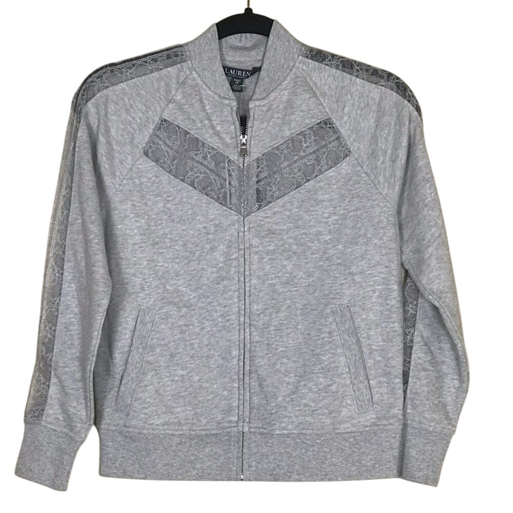 Lauren Ralph Lauren Jacket Womens XS Petite Gray Full Zip Collarless‎ Lace Trim